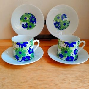 Vintage Mod Art Deco Flower Power Tea Cups Espress